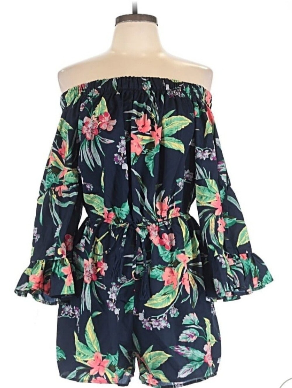 New Navy Tropical Off-Shoulder Romper with Floral Print, Sz LARGE
